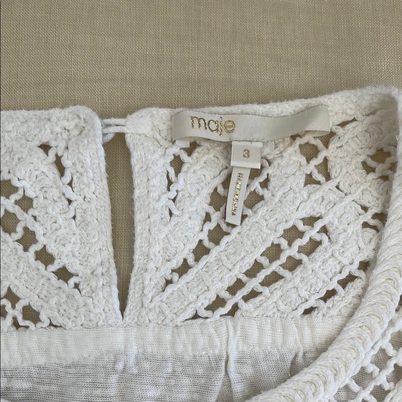 Maje Talence Elegant ivory linen blend crochet Lace Trim Women's Top FR 3 US S - Picture 4 of 7